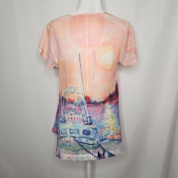 Leoma Lovegrove Size Medium Sheer Tunic Top Peach Coastal Boats Art Print - Picture 2 of 6